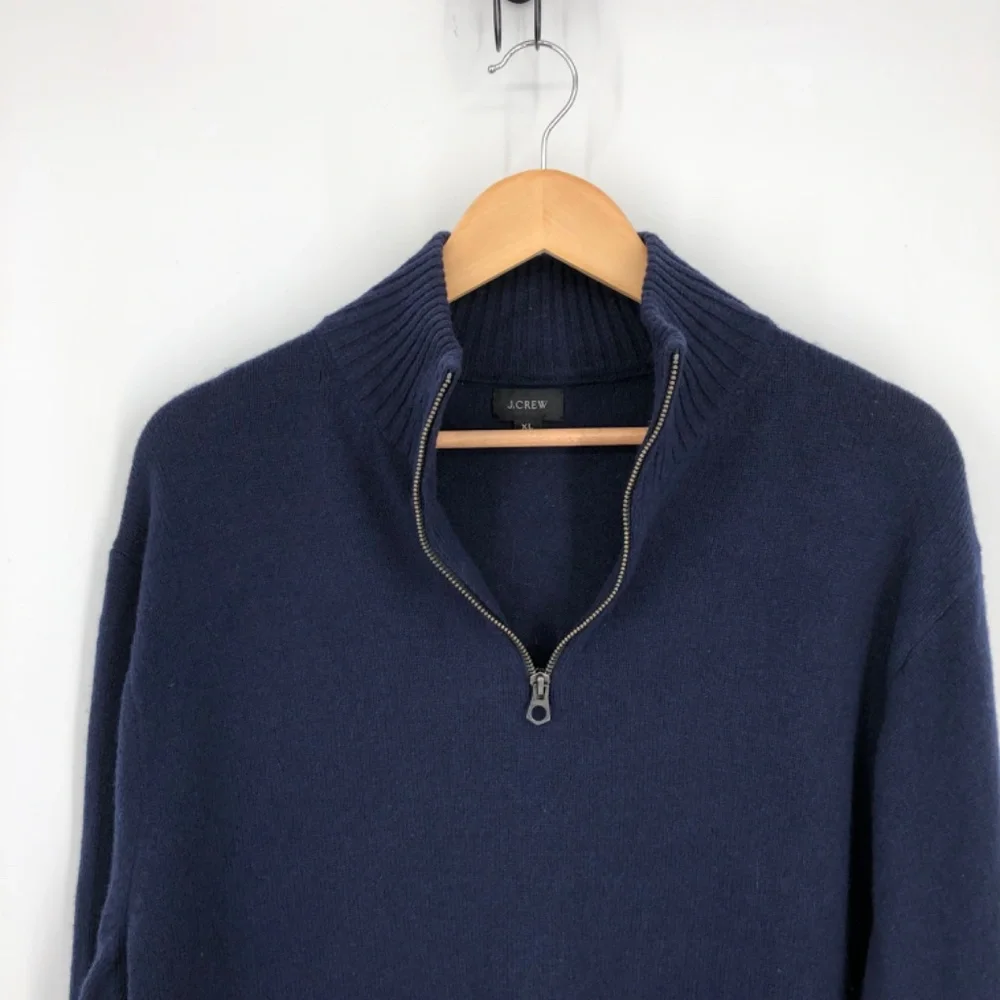 J Crew Mens Sweater Size XL Navy Blue Merino Wool Half Zip Rib Cuff Hem Pullover